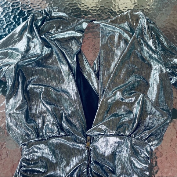 Nasty Gal Silver Metallic Stretchy Tight Ruched Taylor Swift New Years Mcbling - Picture 10 of 12